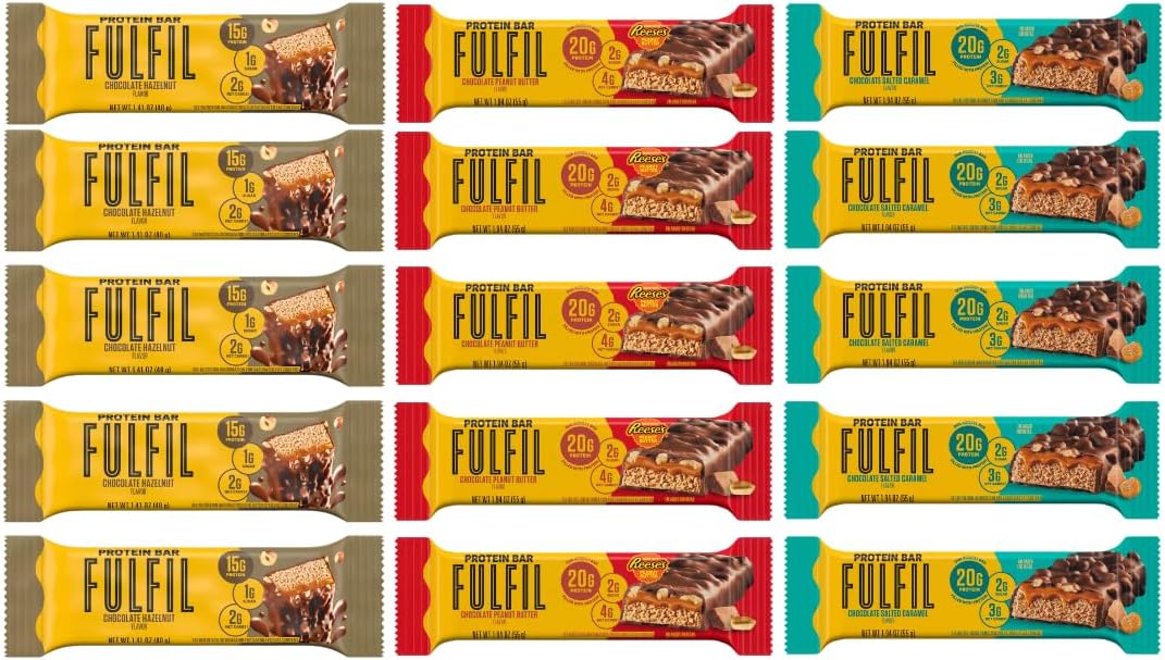 Fulfil Protein Bar Variety Pack (15 Count) – Chocolate Hazelnut, Chocolate Salted Caramel & Chocolate Peanut Butter – High Protein Snack Bars for On-the-Go Energy, Workout Recovery & Healthy Snacking