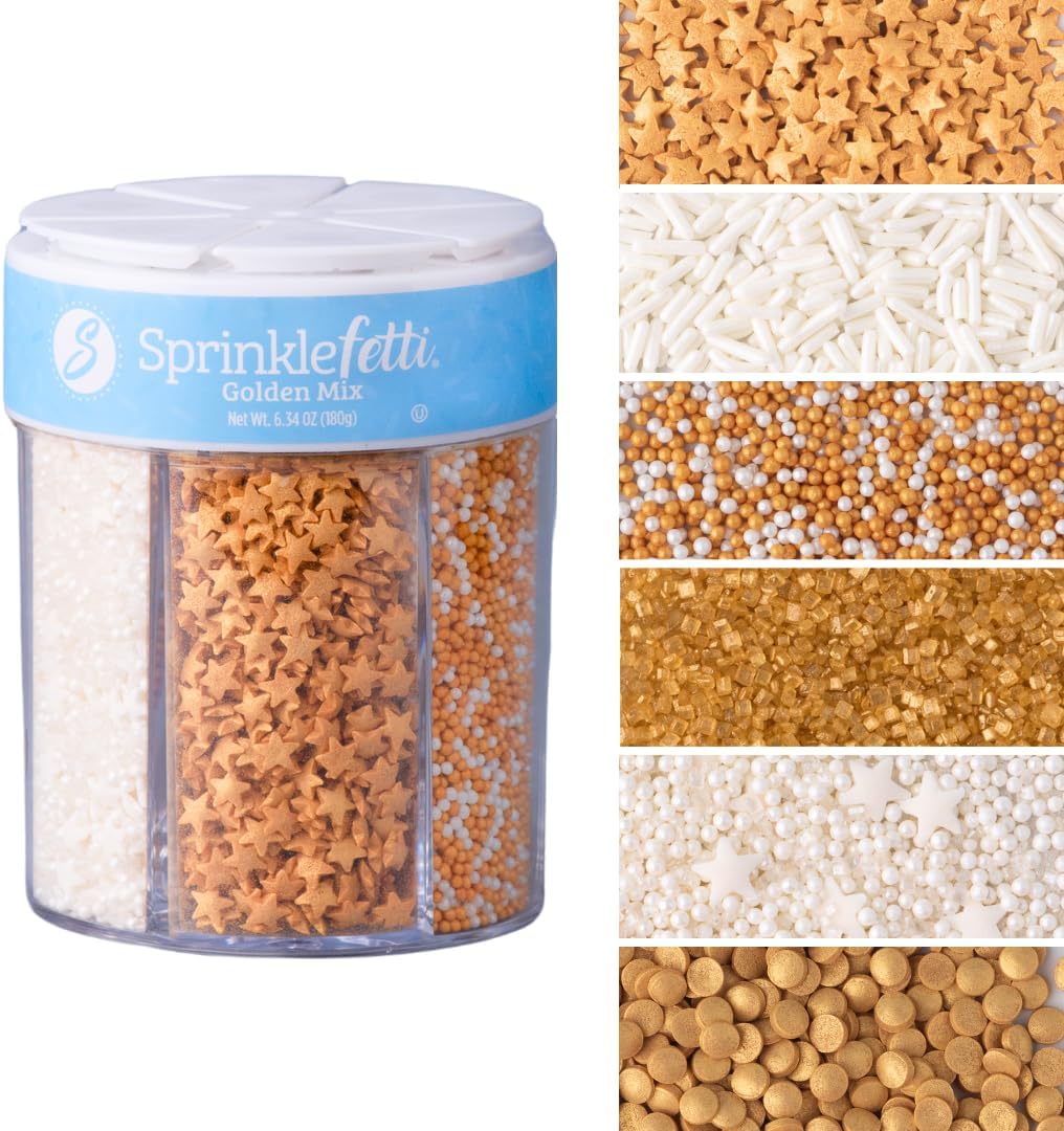 Sweets Indeed Sprinkles 6 Cell Edible Sprinkle Mix Jimmies Perfect for Cake Decorations Baking Ice Cream Cookies Cupcake Topper (Gold)