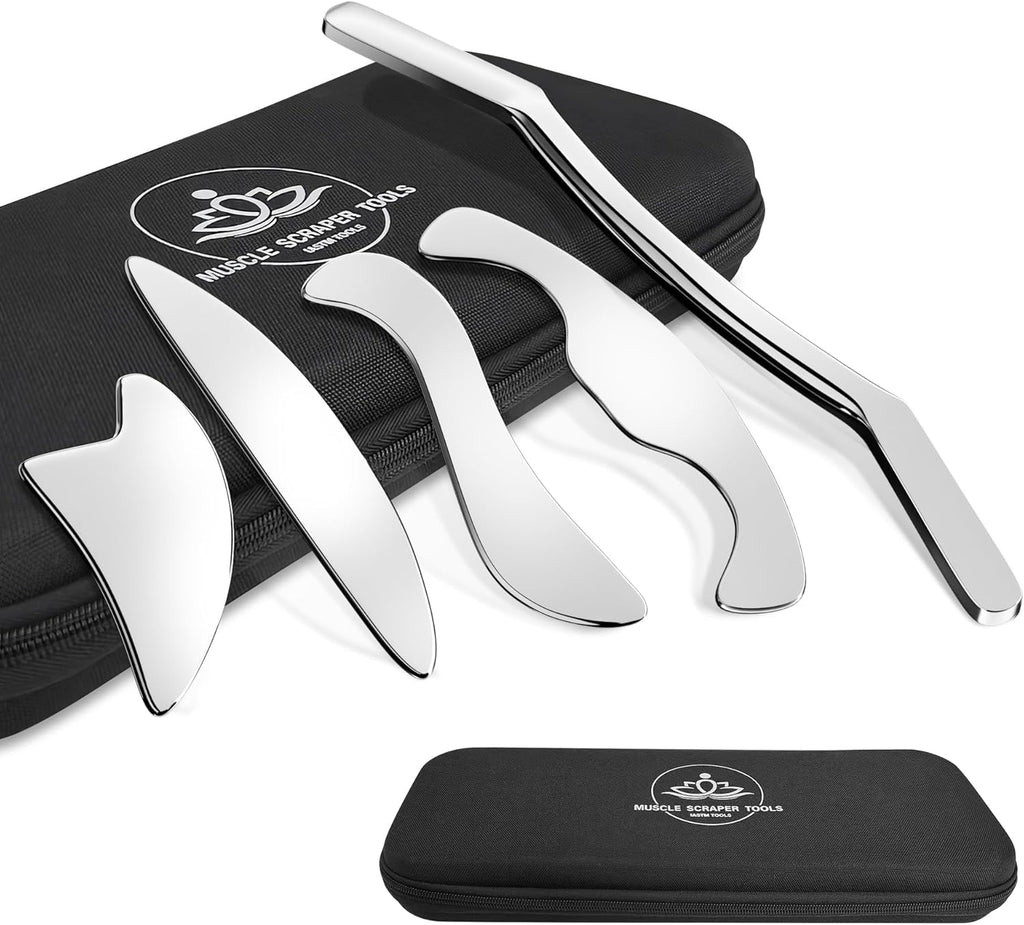5 in 1 Stainless Steel Gua Sha Muscle Scraper Tools Set, Scraping Tools Kit for Physical Therapy, IASTM Tools, Guasha Tools for Deep Tissue Massage with Storage Bag