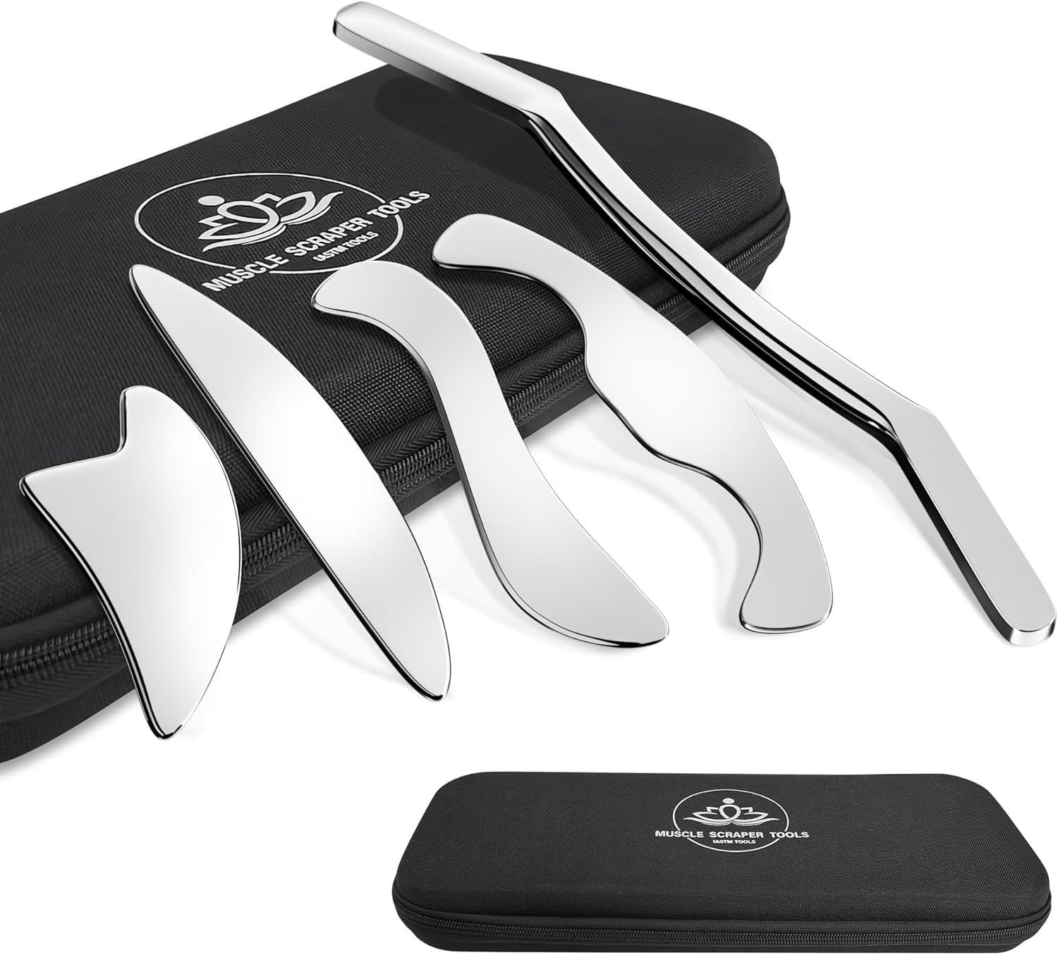 5 in 1 Stainless Steel Gua Sha Muscle Scraper Tools Set, Scraping Tools Kit for Physical Therapy, IASTM Tools, Guasha Tools for Deep Tissue Massage with Storage Bag