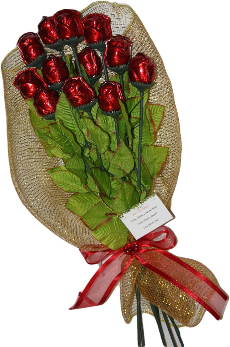 One Dozen Christmas Red Chocolate Roses Bouquet Gift of Long Stem 19-inch with Personalized Card