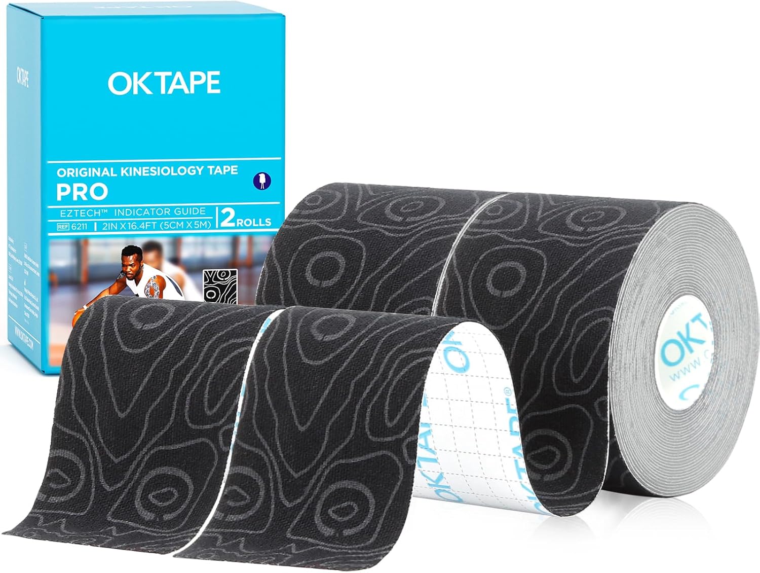 OK TAPE PRO Kinesiology Tape, 2inch x Long Roll 16ft Free Cut Tape, Elastic Athletic Tape Therapeutic Latex Free, 2 Rolls Black+Black