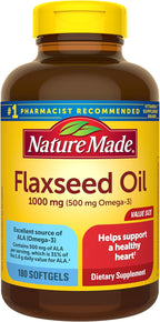 Nature Made Flaxseed Oil 1000 mg, Fish Free Omega 3 Supplement, Dietary Supplement for Heart Health Support, 180 Softgels, 180 Day Supply