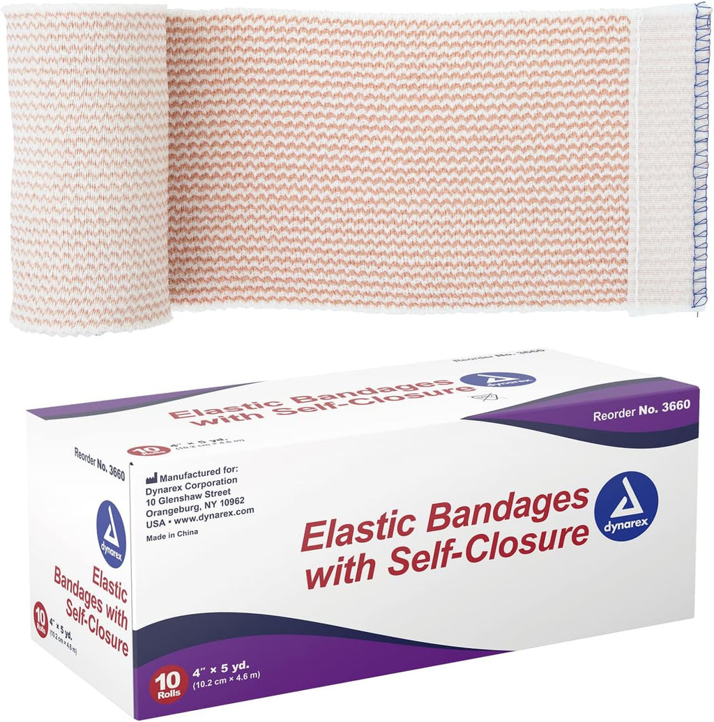 Dynarex Elastic Bandages with Self-Closure, 4" x 5 yds, Provides Compression for Injuries, Made from Polyester, Cotton, and Spandex, Non-Sterile and Latex-Free, 10 Rolls of Dynarex Elastic Bandages