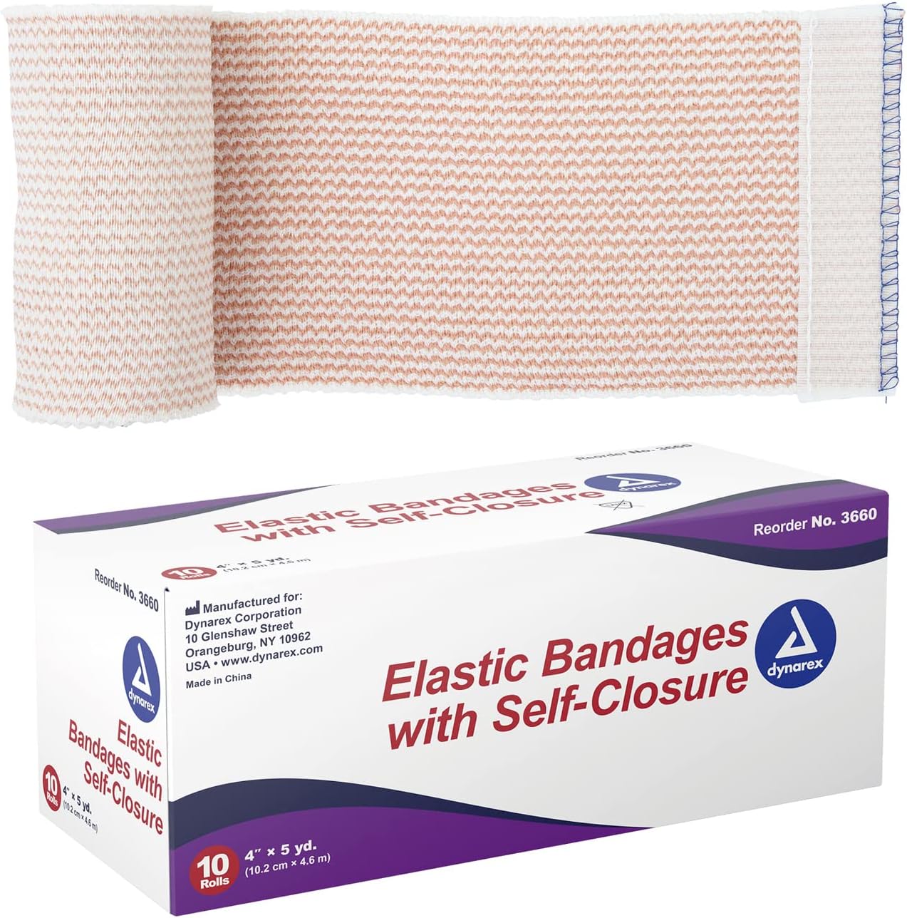 Dynarex Elastic Bandages with Self-Closure, 4" x 5 yds, Provides Compression for Injuries, Made from Polyester, Cotton, and Spandex, Non-Sterile and Latex-Free, 10 Rolls of Dynarex Elastic Bandages