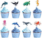 WERNNSAI 32 PCS Ocean Cupcake Toppers - Shark Birthday Party Decorations Under The Sea Cake Toppers Summer Dolphin Ocean Animal Cake Decors for Kids Ocean Baby Shower Party Supplies