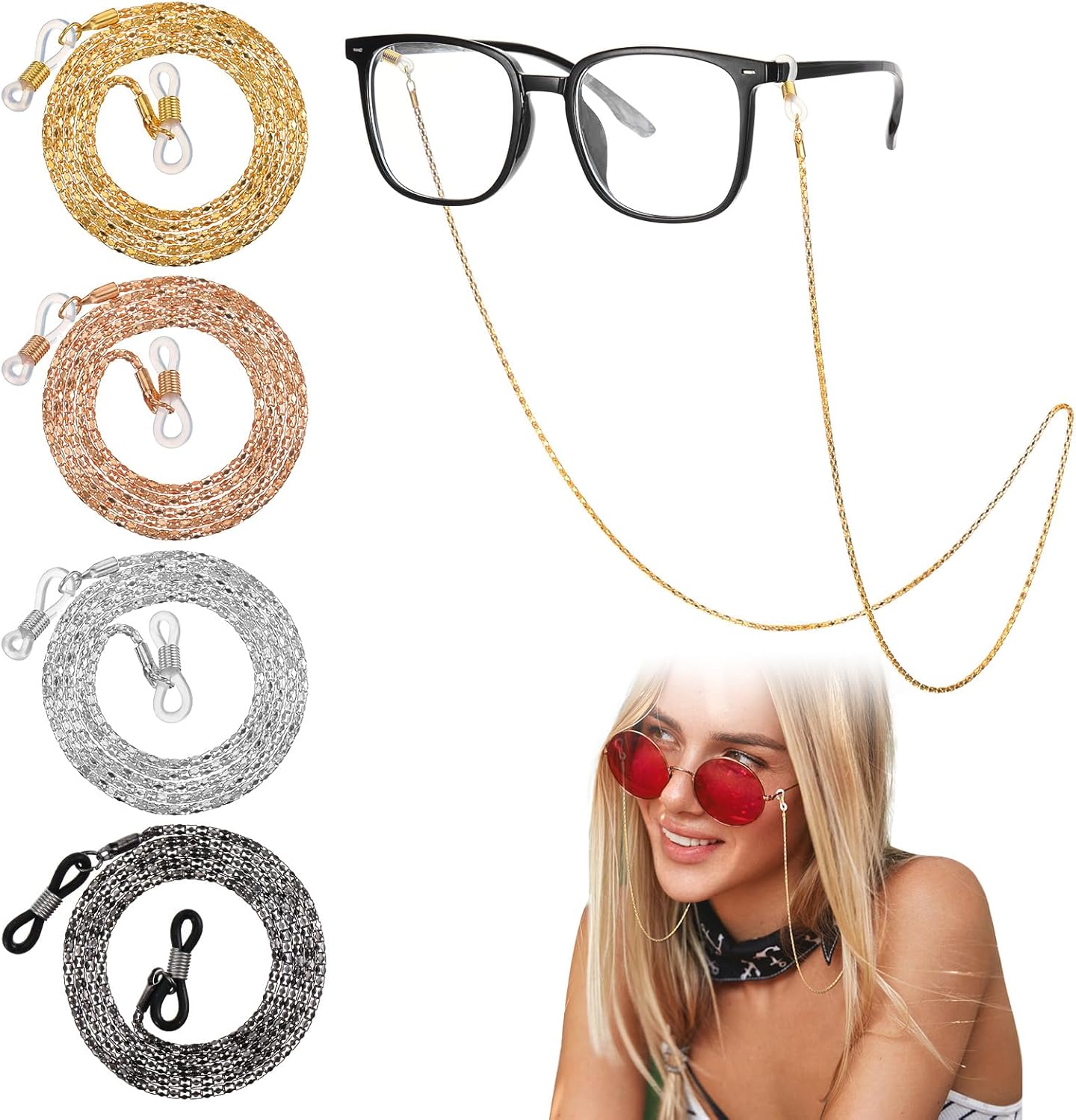 4Pcs Eyeglass Chain for Women Stylish, Stainless Steel Glasses Strap Sunglasses Strap Eyewear Retainer Chain for Men Women, Eye Glasses Holders Around Neck Stylish Colorful