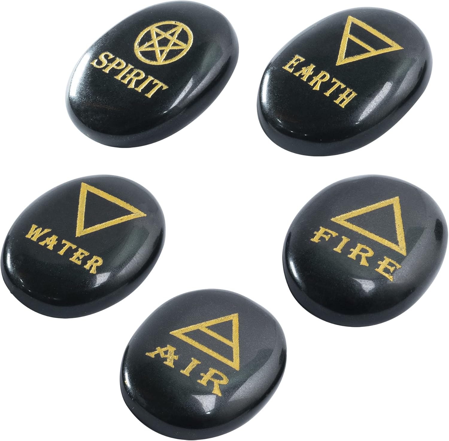 Crocon 5 Elements Black Tourmaline Stones Engraved Triangle Symbols (Earth Air Fire Water Spirit) Polished Palm Stones for Gemstone Reiki Crystals and Healing Stones Meditation Divination Tools Gifts