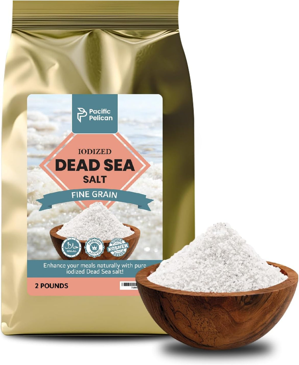 Pacific Pelican Iodized Dead Sea Salt – 2 Pounds – Fine Grain – Unrefined Kosher, Natural Iodized, Ideal for Paleo, Keto, Vegan Diets - Pure Sea Salt for Cooking, Seasoning & Wellness
