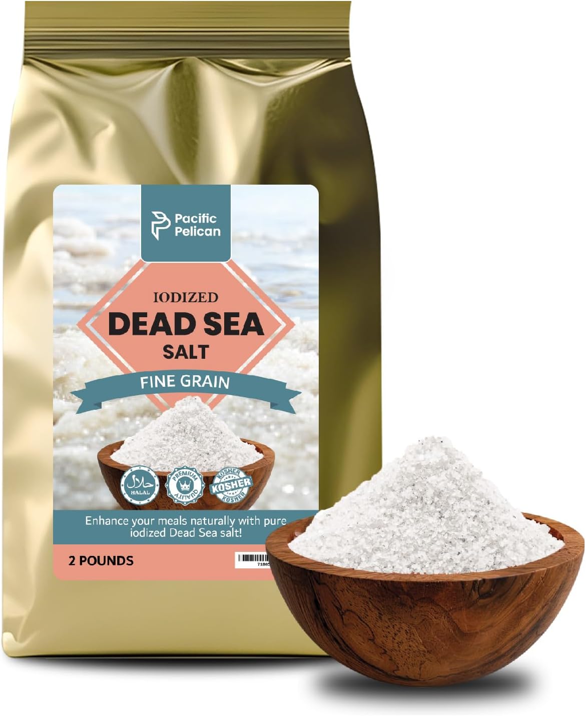 Pacific Pelican Iodized Dead Sea Salt – 2 Pounds – Fine Grain – Unrefined Kosher, Natural Iodized, Ideal for Paleo, Keto, Vegan Diets - Pure Sea Salt for Cooking, Seasoning & Wellness