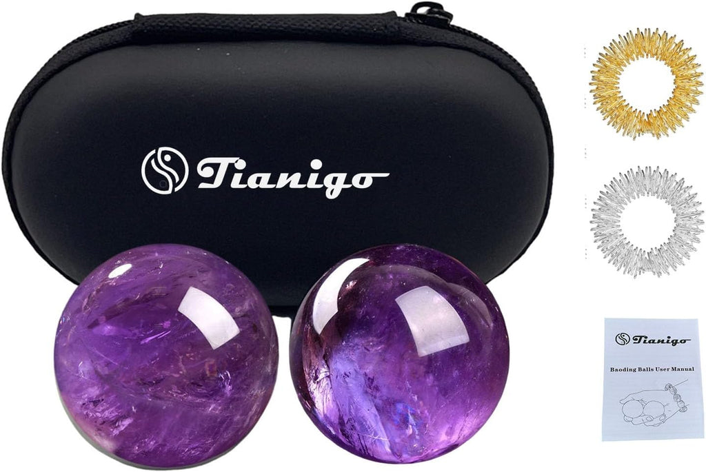 Baoding Balls 1.4”inch Amethyst Crystal Chinese Healthy Massage Balls for Hands Therapy Stress Relief Hand Exercise Balls Purple Quartz Healing Stress Balls No Chime