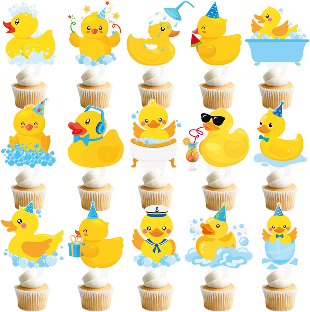 CANDY CHEF 48pcs Yellow Rubber Duck Cupcake Toppers - Duck Birthday Party Decorations - Baby Shower Supplies