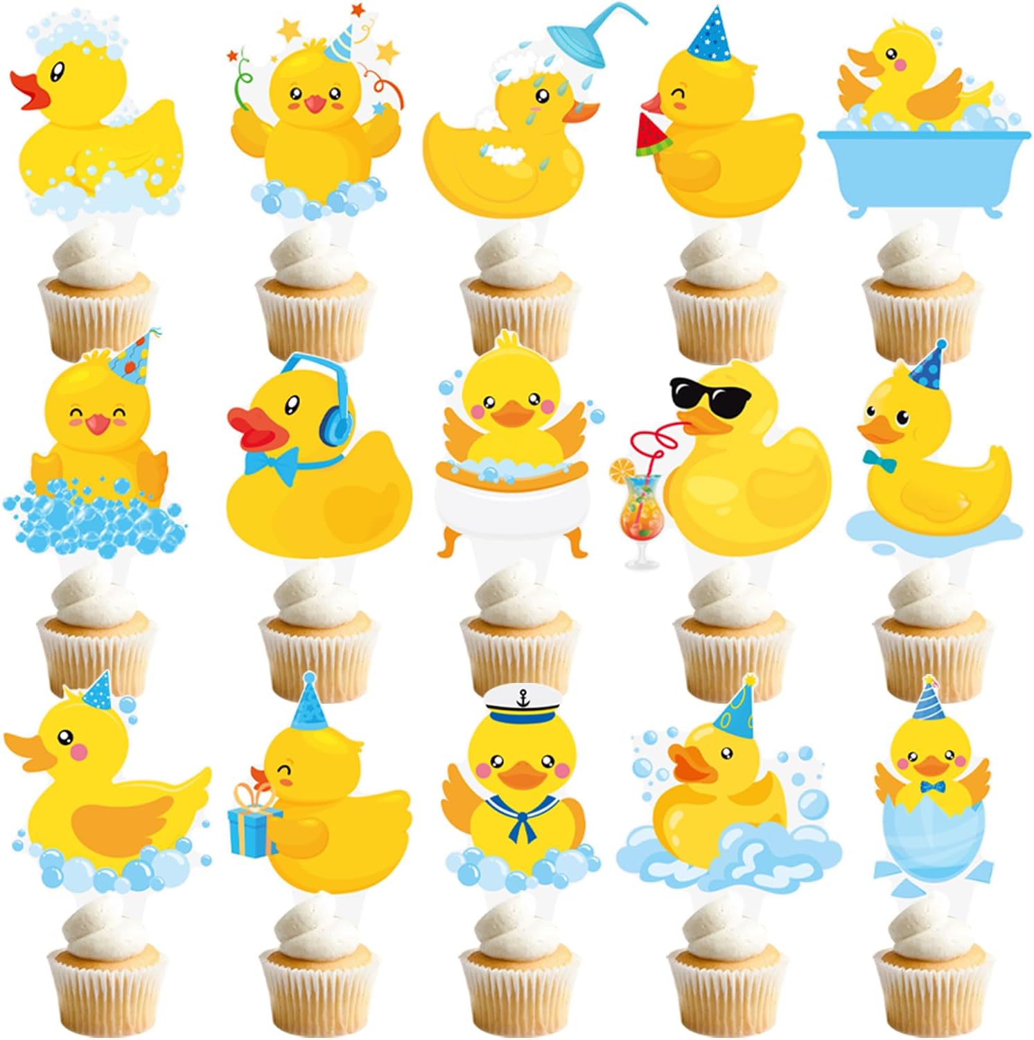 CANDY CHEF 48pcs Yellow Rubber Duck Cupcake Toppers - Duck Birthday Party Decorations - Baby Shower Supplies