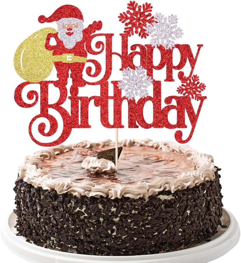 Merry Christmas Happy Birthday Cake Topper - Winter Christmas Glitter Santa Cake Topper - Joyeux Noel Happy New Year - christmas Holidays Party Decoration