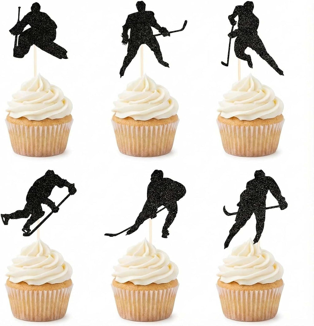 24 PCS Black Glitter Hockey Players Cupcake Toppers, Hockey Cake Toppers, Ice Hockey Cupcake Picks for Boys Birthday Party, Sports-Themed Cake Decorations