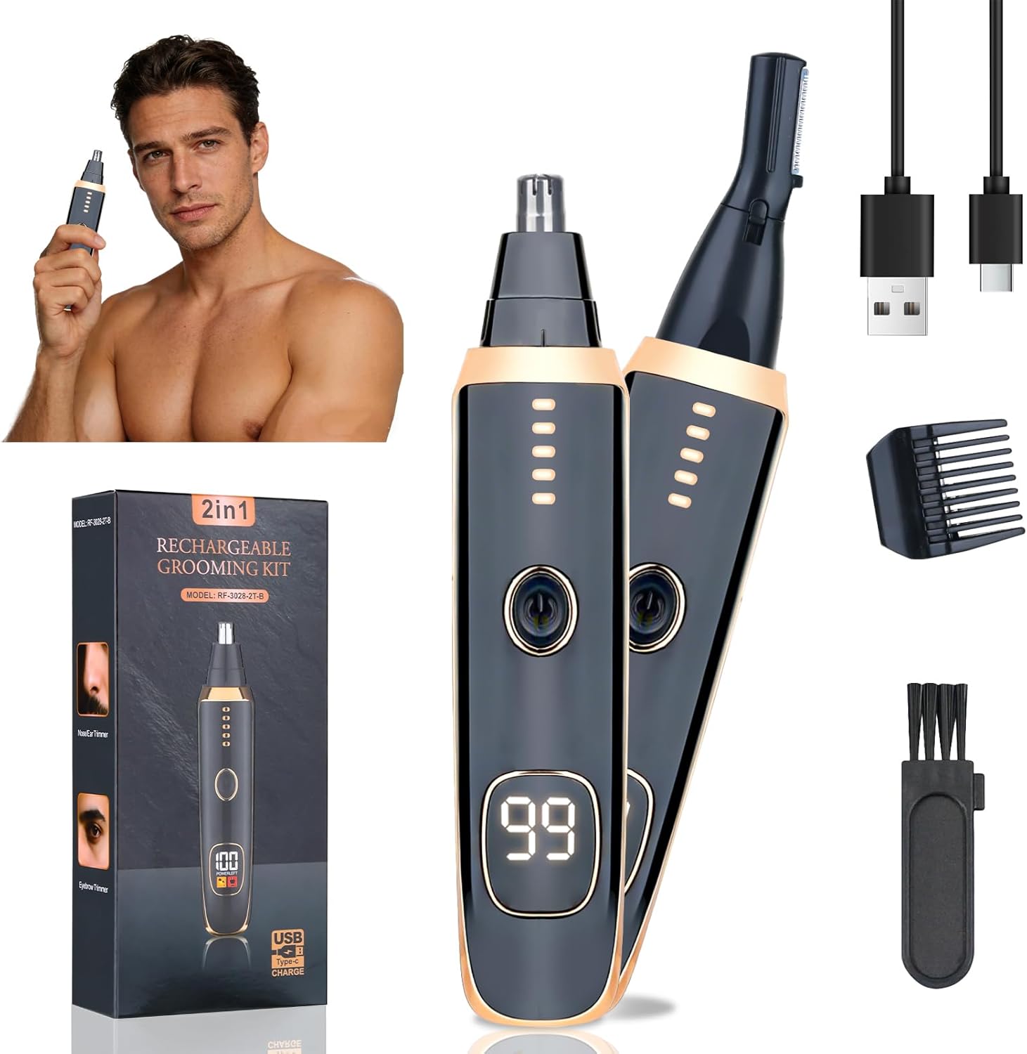 Nose and Ear Hair Trimmer for Women Men,2 in 1 LED Display Eyebrow Hair Trimmer with USB Rechargeable,2026 Portble Waterproof Facial Hair Removal with Dual-Edge Blades for Travel (Black)