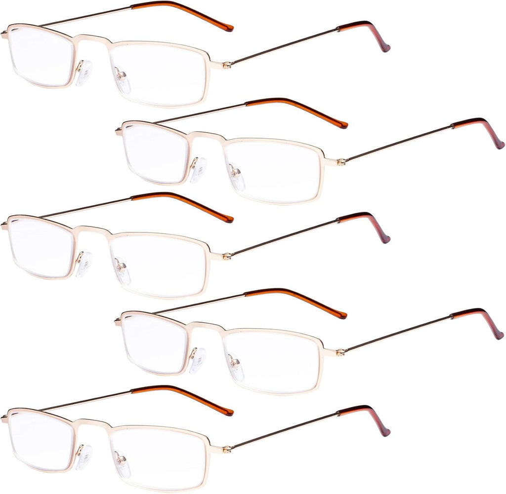 Eyekepper 5-Pairs Straight Thin Stamped Metal Frame Reading Glasses Men Women Half-Eye Style Readers Eyeglasses Gold +2.25