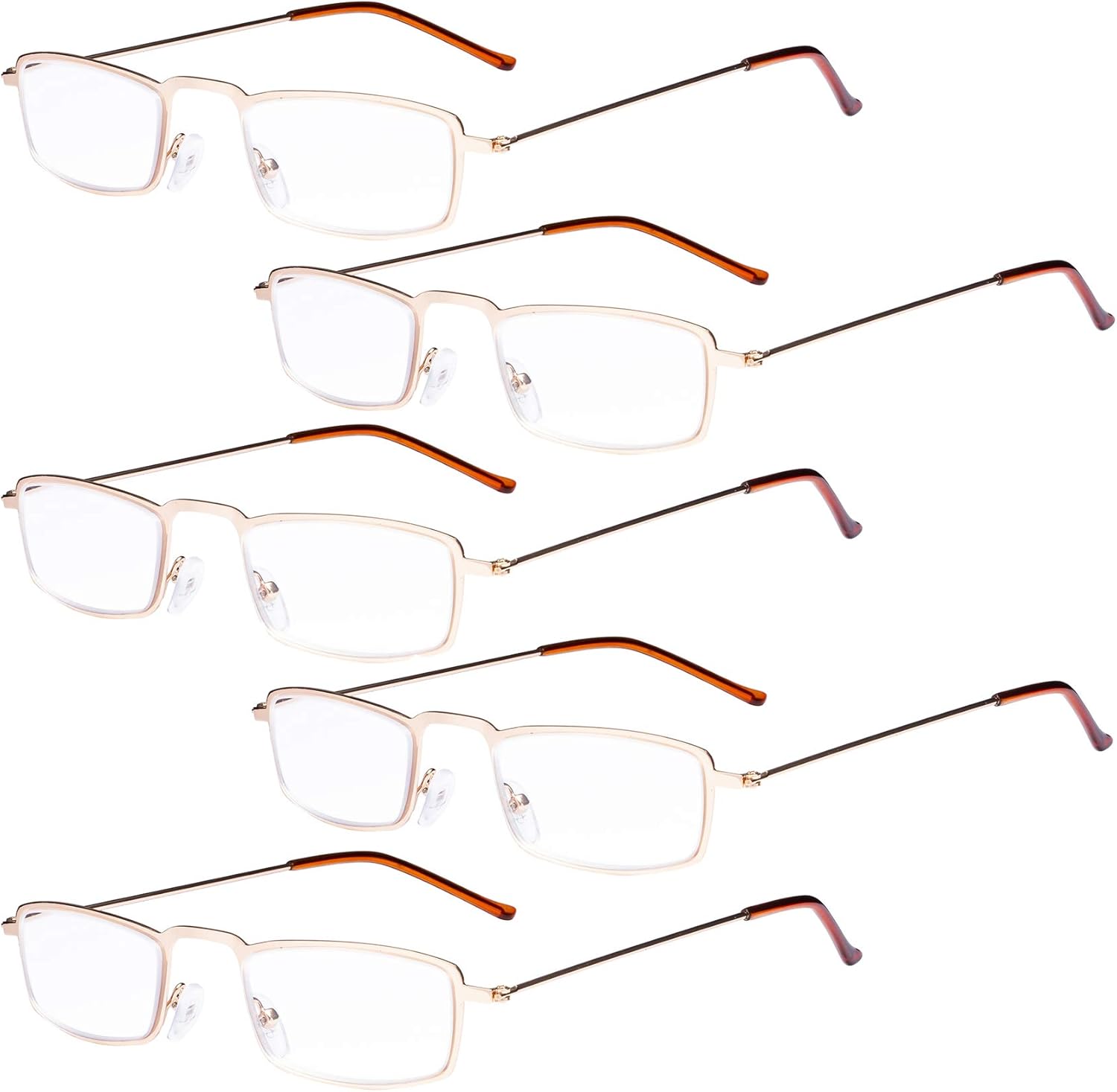 Eyekepper 5-Pairs Straight Thin Stamped Metal Frame Reading Glasses Men Women Half-Eye Style Readers Eyeglasses Gold +2.25