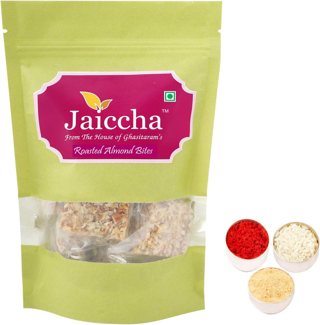 Jaiccha Ghasitaram Bhaidooj Gifts - Roasted Almond Bites 200 GMS in Green Paper Pouch