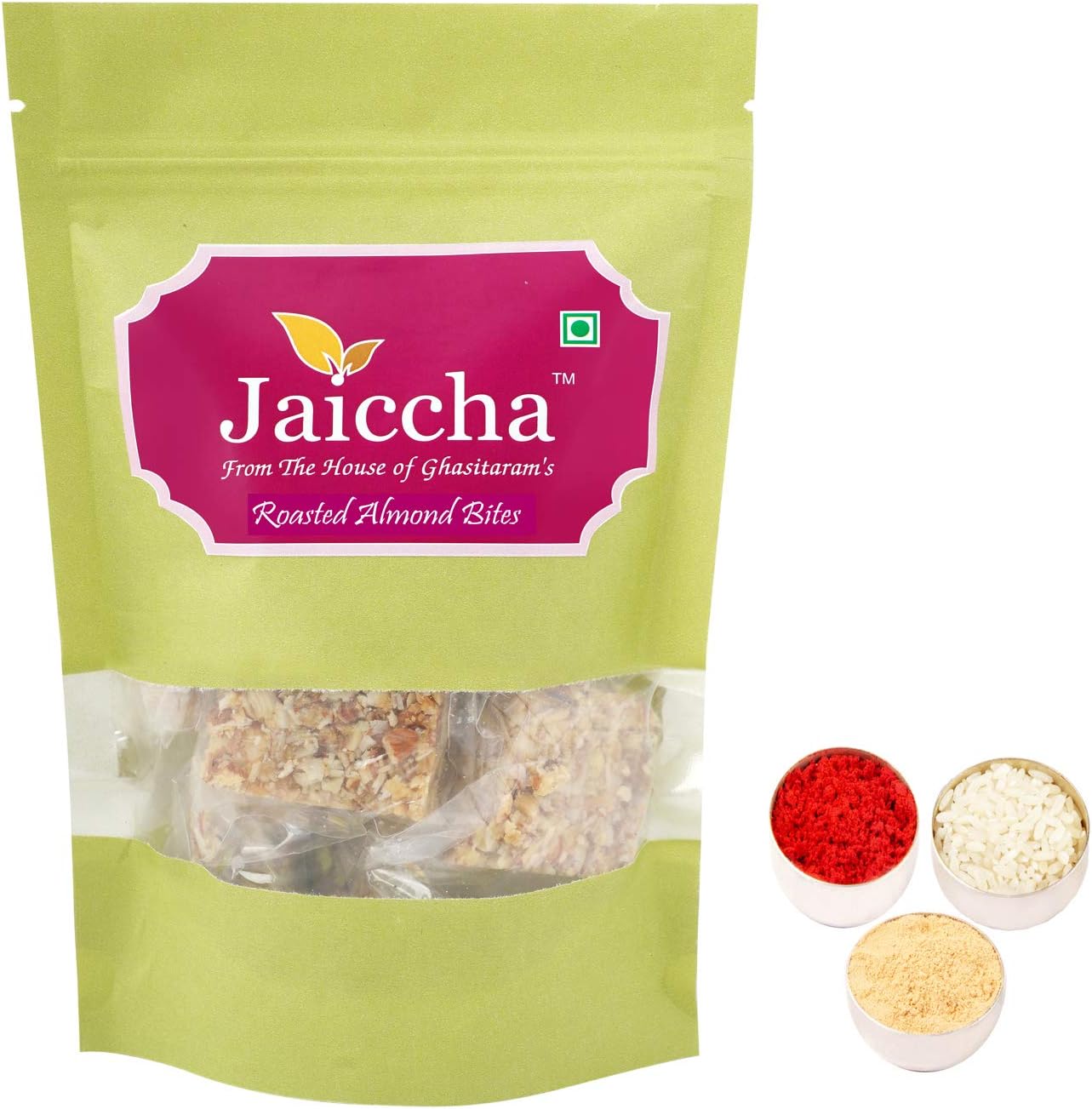 Jaiccha Ghasitaram Bhaidooj Gifts - Roasted Almond Bites 200 GMS in Green Paper Pouch