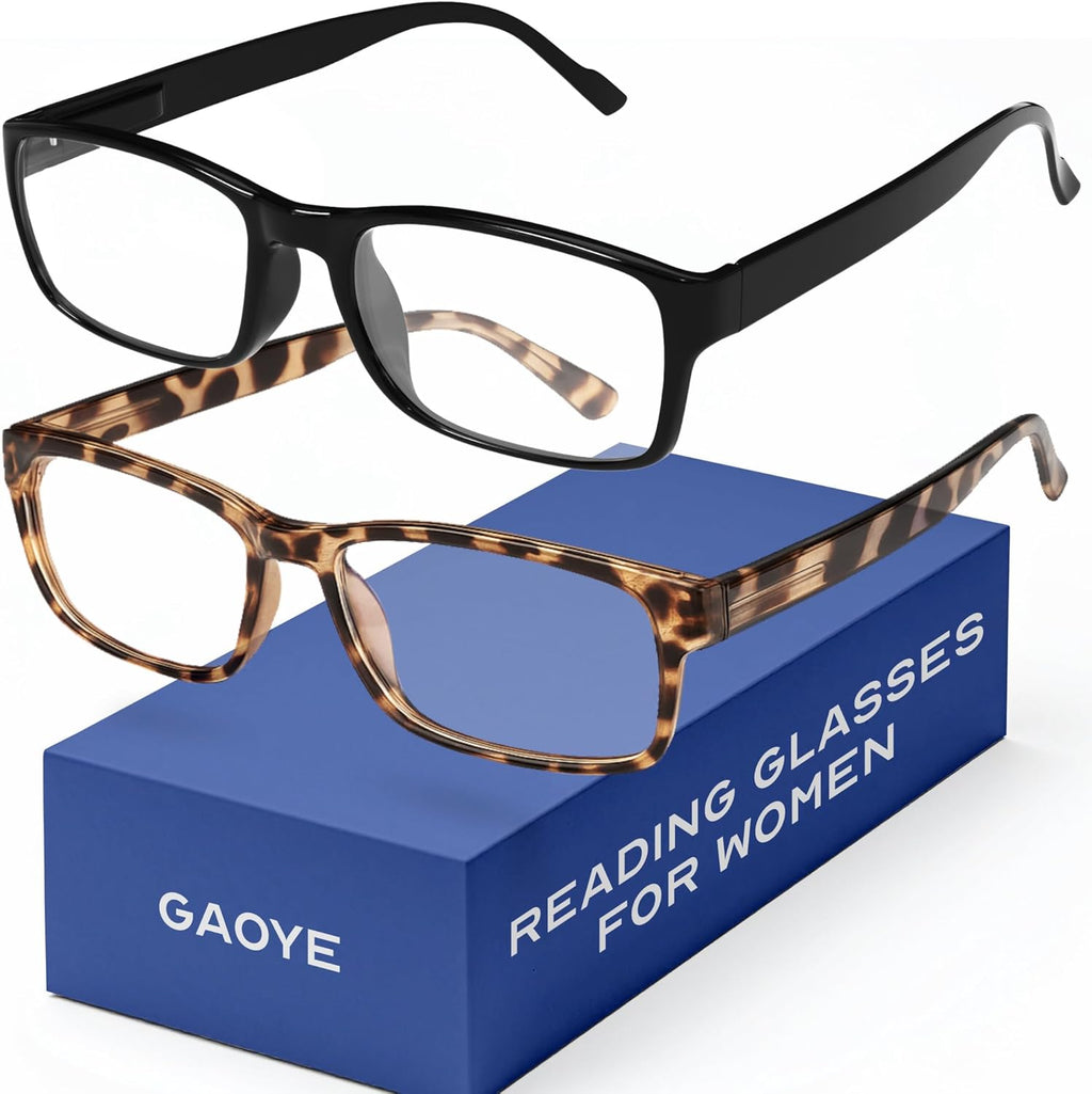Gaoye +1.5 2-Pack of Reading Glasses for Women - Blue-Light Filter, UV Protection - Readers with Rectangle Frames