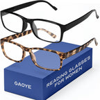Gaoye +1.5 2-Pack of Reading Glasses for Women - Blue-Light Filter, UV Protection - Readers with Rectangle Frames