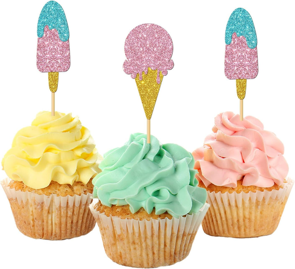 MonMon & Craft Ice Cream Cupcake Toppers/Girl Birthday Cupcake Toppers/Baby Shower/Summer Birthday Sign Party Cupcake Decor Glitter 24 Pcs