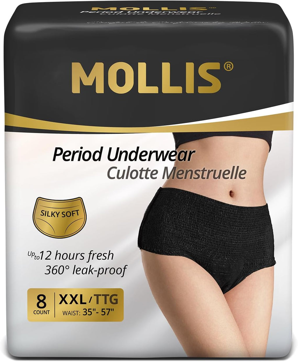 MOLLIS Disposable Period Underwear for Women, Postpartum Panties, Maternity Knickers Heavy Flow Leak Proof, Unscented, Black, XXLarge, 8 Count