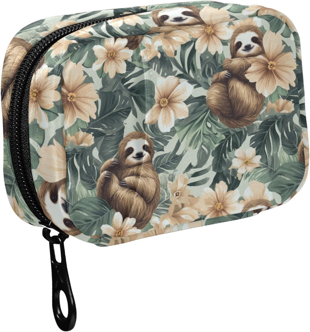 Fustylead Retro Tropical Cute Sloths and Flowers Travel Pill Organizer Case Zipper for Purse with Removable Weekly Pill Box for Medicine, Vitamin, Supplement Medicine Organizer