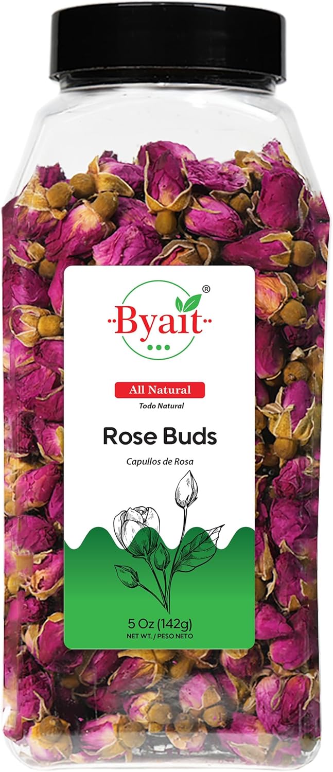 Byait Freeze Dried Rose Buds 5 Oz, Approx. 320 Whole Buds, Natural Edible Culinary Grade, Caffeine-Free Herbal Rose Flower Tea, Great for Beverages, Baking, Crafting, and Soap Making