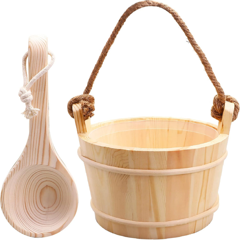 Sauna Bucket and Ladle 5 Liter (1.3 Gallon), Finnish Pine Wooden Sauna Accessories with Handmade Sauna Bucket, Plastic Liner and Rope Handle