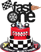 Fast One Racing 1st Birthday Cake Topper - Glitter Car Birthday Decoration