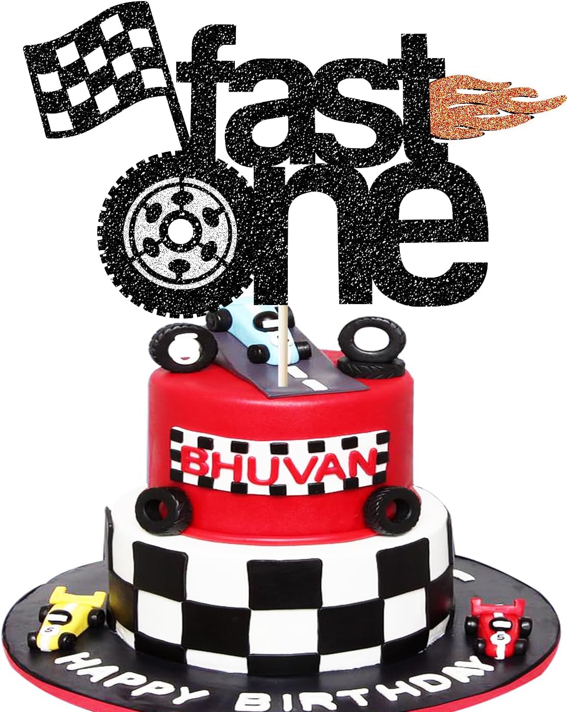 Fast One Racing 1st Birthday Cake Topper - Glitter Car Birthday Decoration