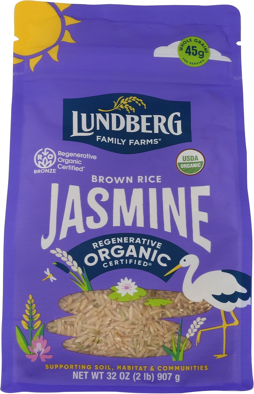 Lundberg Organic Jasmine Brown Rice – Long-Grain, Fluffy & Aromatic, Responsibly Grown in California, 32 Oz