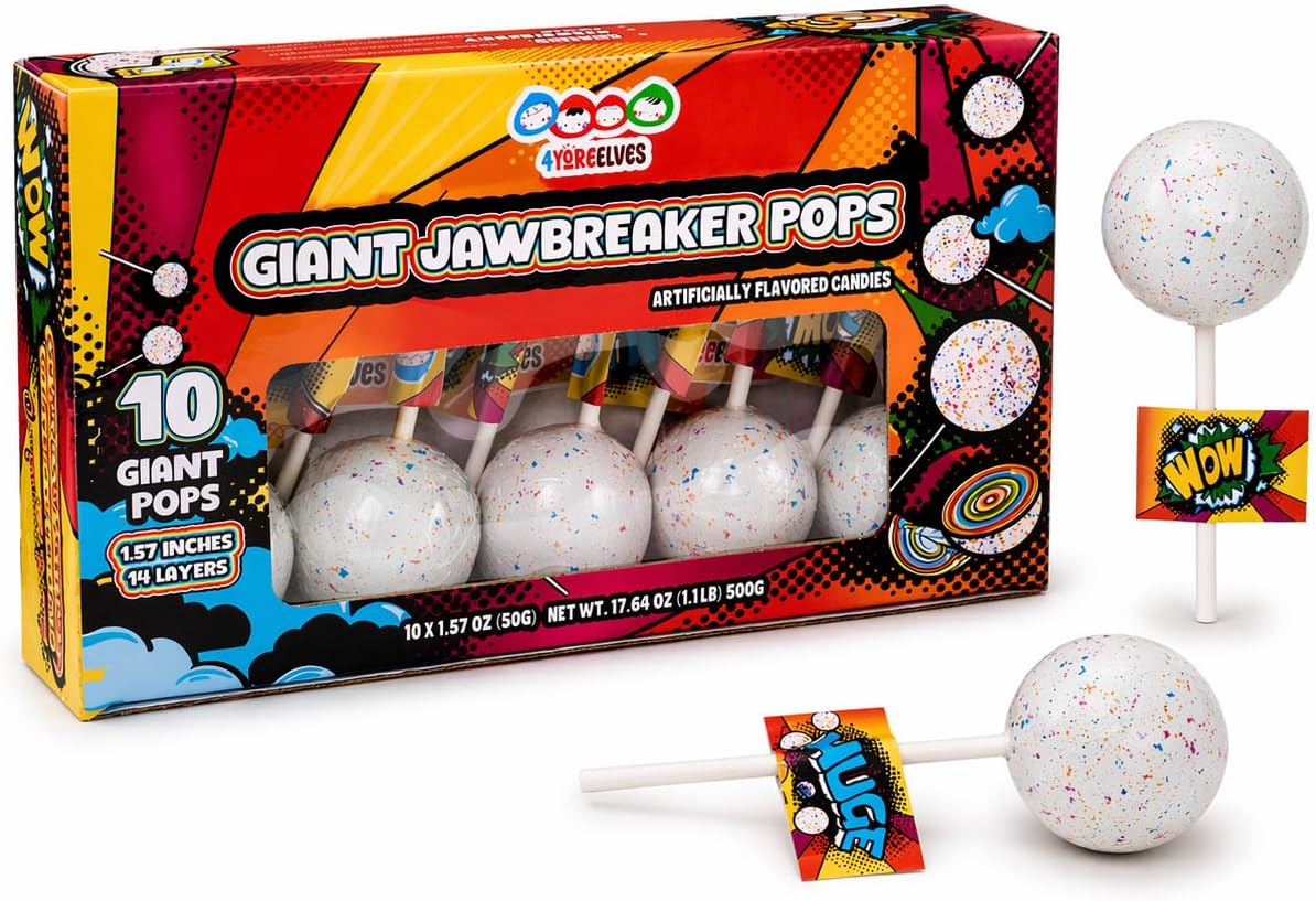 10 Large Jawbreakers On a Stick, Giant Candy Lollipops - Fruit Flavored, Retro Hard Candy Perfect for Parties, Gifts and Goody Bags, By 4YoreElves