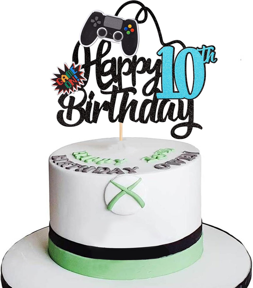 1 PCS Video Game Happy 10th Birthday Cake Topper Glitter Video Game Cake Pick Game On Controllers Ten Cheers to 10 Years Cake Decoration for Happy 10th Birthday Party Supplies Blue