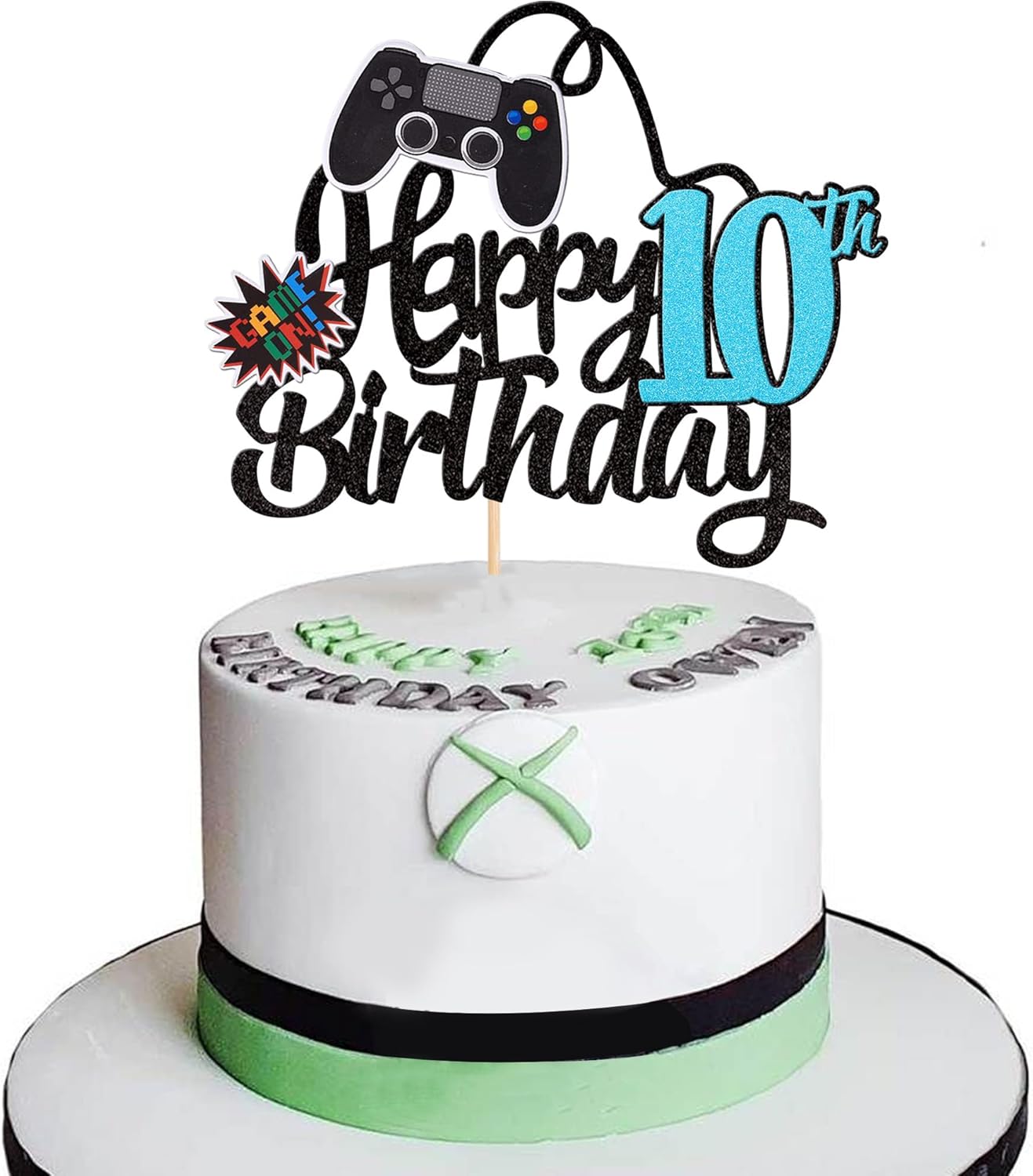1 PCS Video Game Happy 10th Birthday Cake Topper Glitter Video Game Cake Pick Game On Controllers Ten Cheers to 10 Years Cake Decoration for Happy 10th Birthday Party Supplies Blue