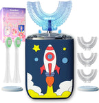 Kids U Shaped Electric Toothbrush Ultrasonic Automatic Brush with 5 Brush Head 6 Clean Modes IPX7 Waterproof Whole Mouth Rechargeable Smart Timer Toothbrushes for Children Age 2-7 (Blue)