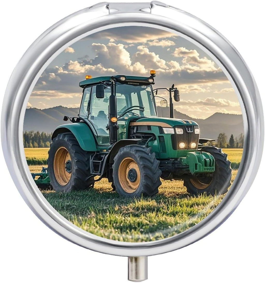 Round Pill Box Tractor Agriculture Tranquil Pill Case 3 Compartment Medicine Pill Organizer for Purse & Pocket Portable Travel Pillbox Medicine Vitamin Cod Liver Oil Storage Box Organizer