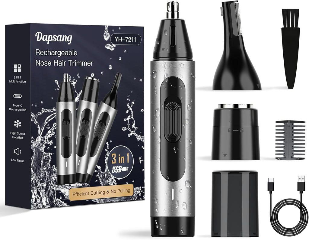 Ear and Nose Hair Trimmer for Men, USB Rechargeable Nose Clipper Professional Painless Nasal Shaver Razor 3 in 1 Electric Eyebrow Facial Hair Trimmer Kit Waterproof Dual-Edge Blades Easy Cleansing