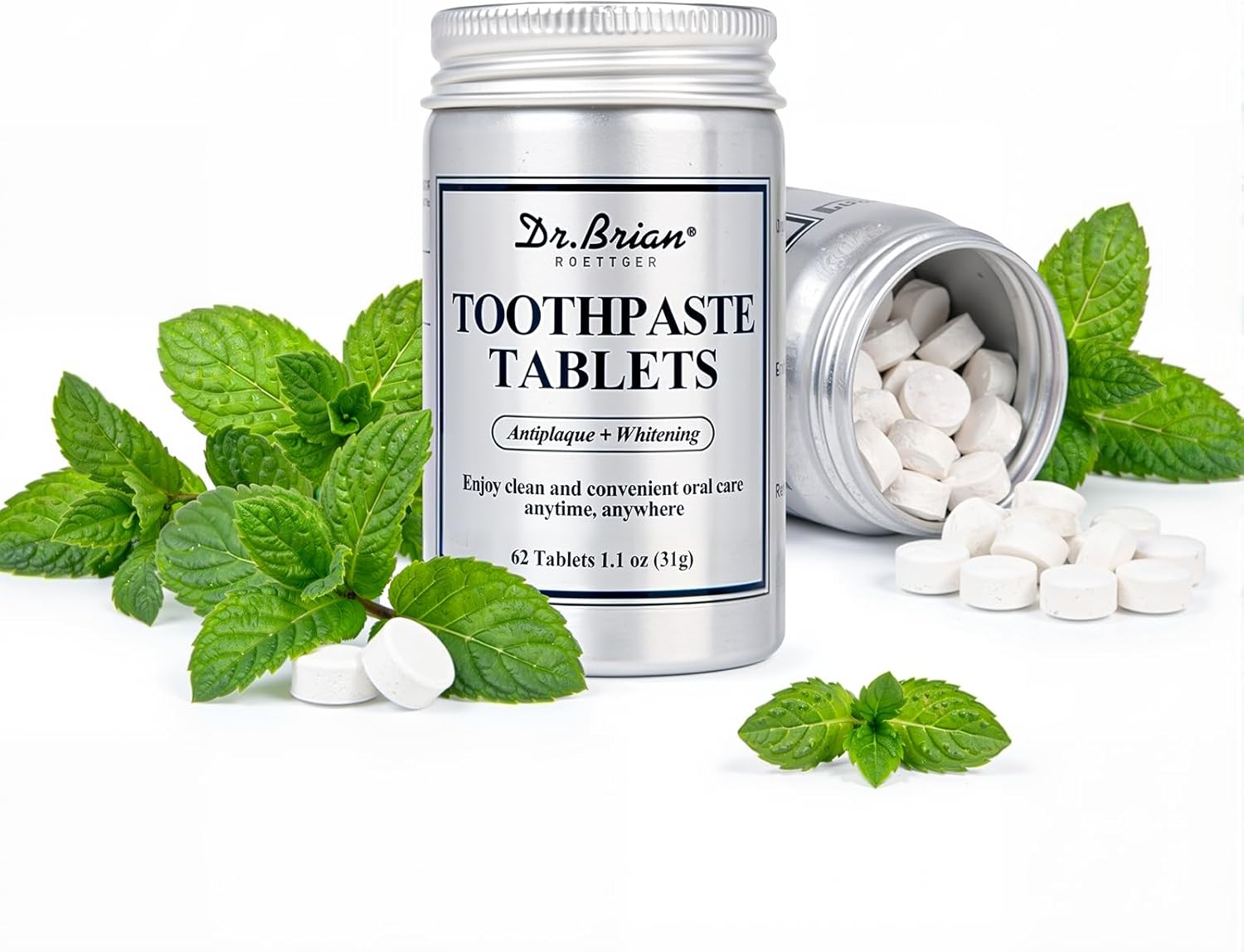 Dr.Brian Toothpaste Tablets - Nano Hydroxyapatite Toothpaste, Fluoride & Plastic Free, Eco & Travel Friendly Chewable Tablet, Remineralizing & Natural Whitening Mouthwash Tablets, 62 Tabs