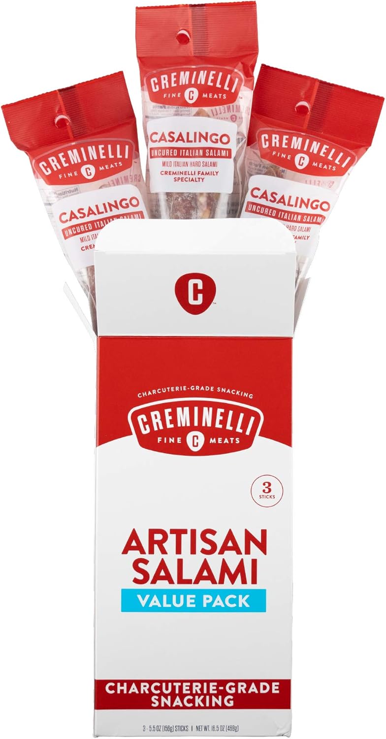 Creminelli Casalingo Salami, (3 count, 5.5oz), Humanely Raised Pork*, No Added Nitrates or Nitrites, No Artificial Ingredients, Gluten Free, Keto & Paleo Friendly Snacks, 44g Protein Per Package, 0g Sugar**,