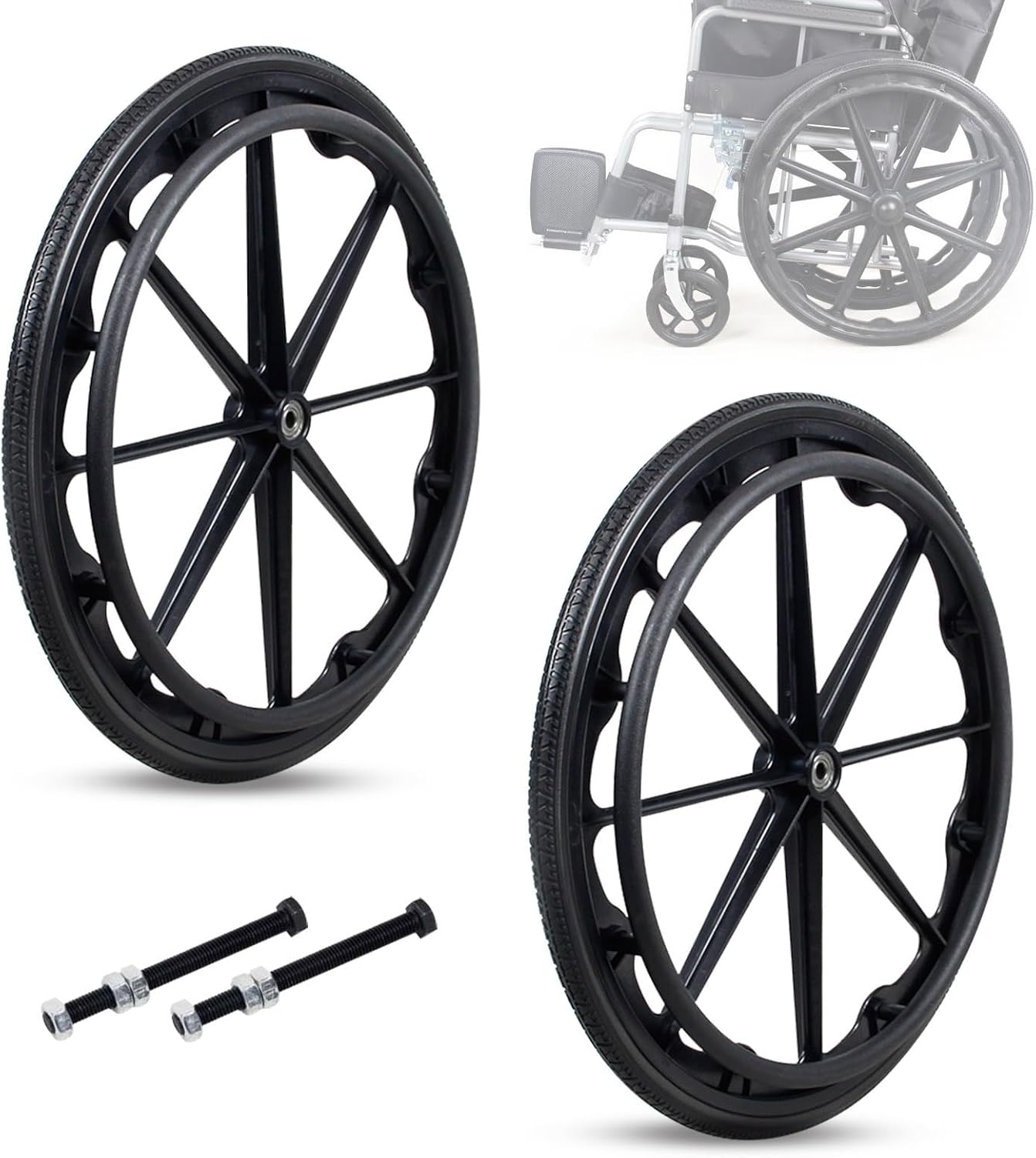 WORDFUN 2 Pcs Wheelchair Rear Wheel Replacement, 20" 22" 24" Non-Slip Solid Tires, Manual Wheelchair Accessory Rear Wheels, Non-Inflatable, Tire Replacement, Tires Wheels Assembly