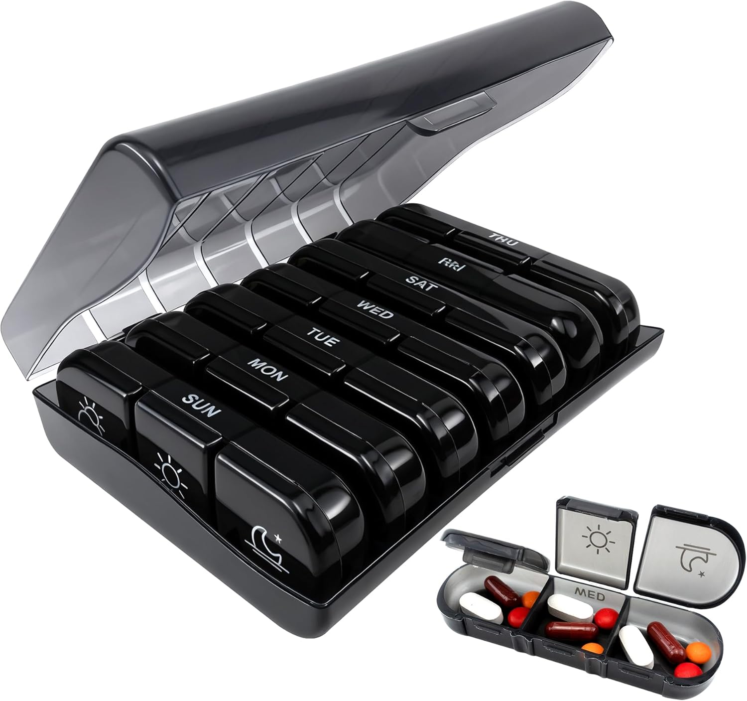 Quacc 1 PCS Weekly Pill Box Organizer 7 Day 3 Times Portable Travel Medicine Pill Organizer Tablet Box for Gel Capsules, Fish Oils, Vitamins, Supplements (Black)