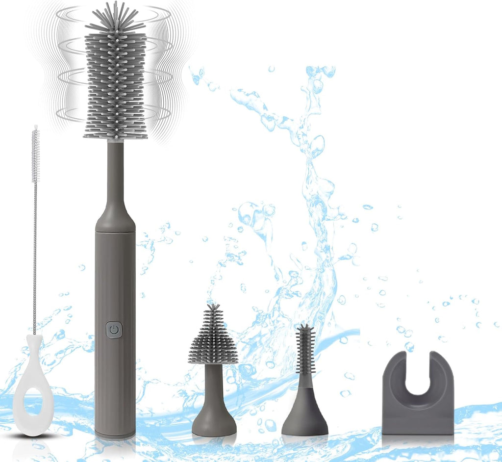 Electric Baby Bottle Brush Set with Rechargeable Electric Bottle Brush Cleaner and Replaceable Silicone Bottle Brushes and Straw Brush Cleaner, Waterproof Multi-Purpose Cleaning Brush（Grey）