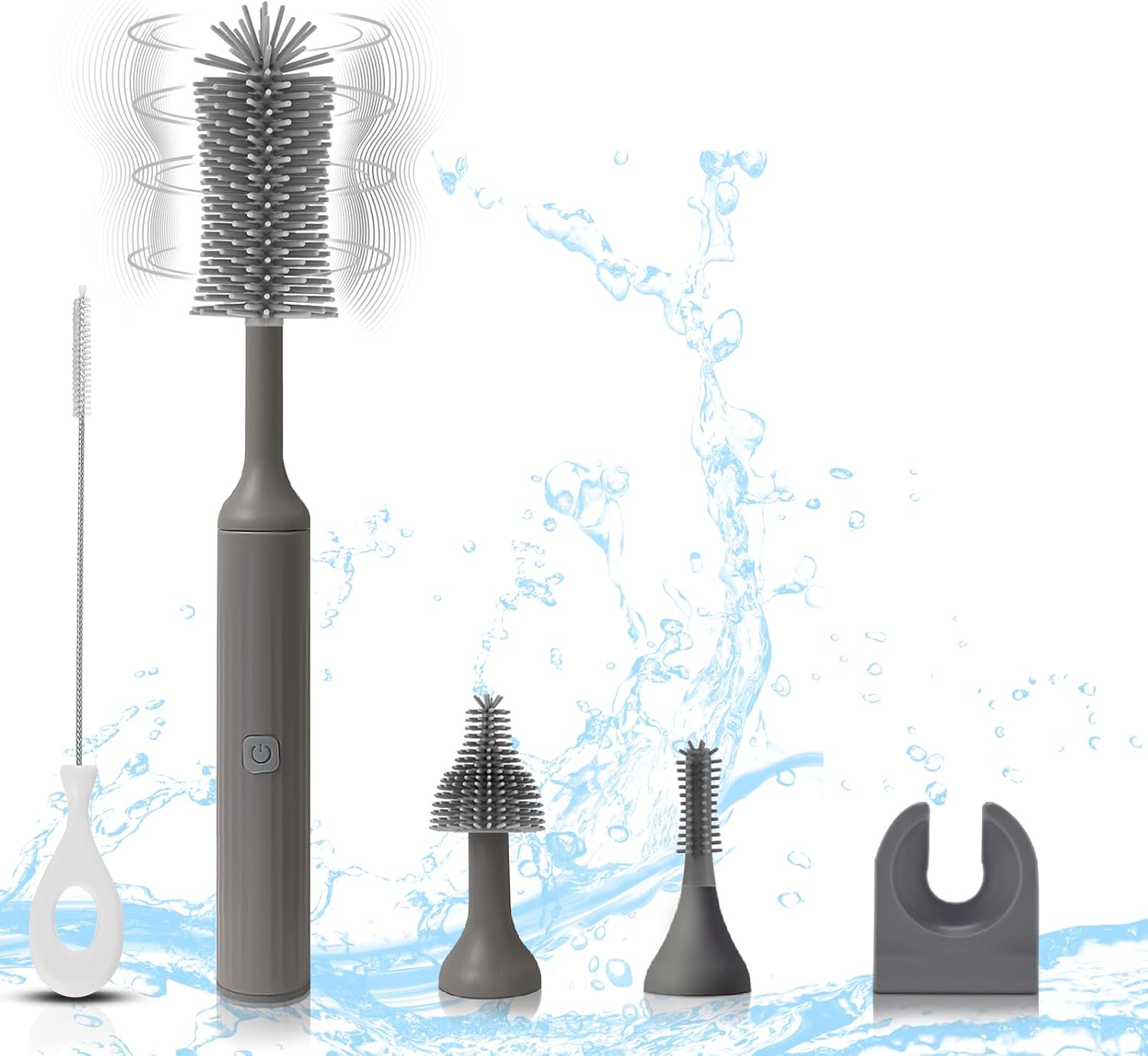 Electric Baby Bottle Brush Set with Rechargeable Electric Bottle Brush Cleaner and Replaceable Silicone Bottle Brushes and Straw Brush Cleaner, Waterproof Multi-Purpose Cleaning Brush（Grey）