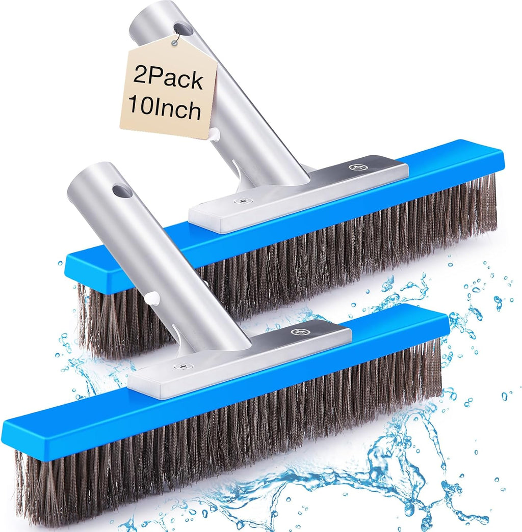 Gejoy 2 Pack 10" Stainless Steel Brush Pool Brush Head for Inground Pools, Algae Metal Wire Bristles and Aluminum Back Scrubber Heavy Duty Curved Ends for Tiles, Rust Stains on Concrete Walls