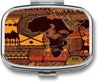 African Map Ethnic Pattern Pill Box 2 Compartment Decorative Metal Pill Case for Pocket Or Purse Travel Portable Medicine Box Pill Container Organizer for Vitamins Fish Oils Supplements
