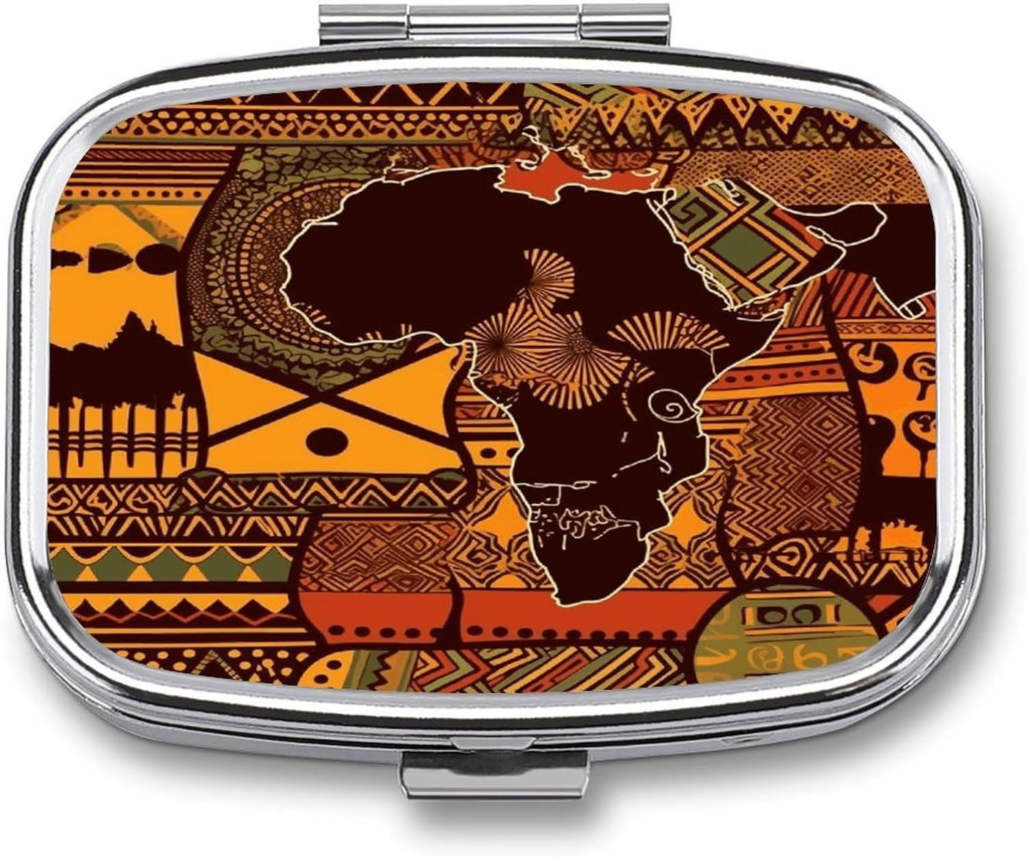 African Map Ethnic Pattern Pill Box 2 Compartment Decorative Metal Pill Case for Pocket Or Purse Travel Portable Medicine Box Pill Container Organizer for Vitamins Fish Oils Supplements