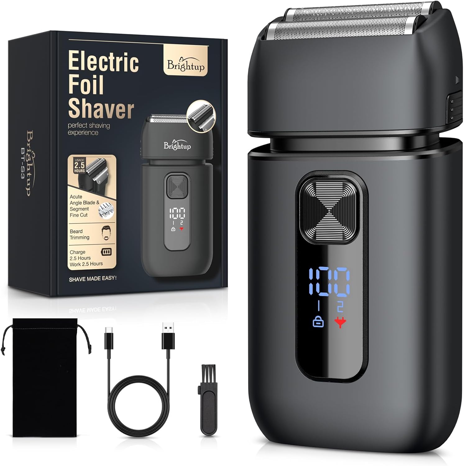 Brightup Electric Foil Shavers for Men - Smooth & Close Electric Razor for Men with Pop Up Trimmer - Wet Dry Shaving/Travel Lock/LED Display/IPX6 Waterproof